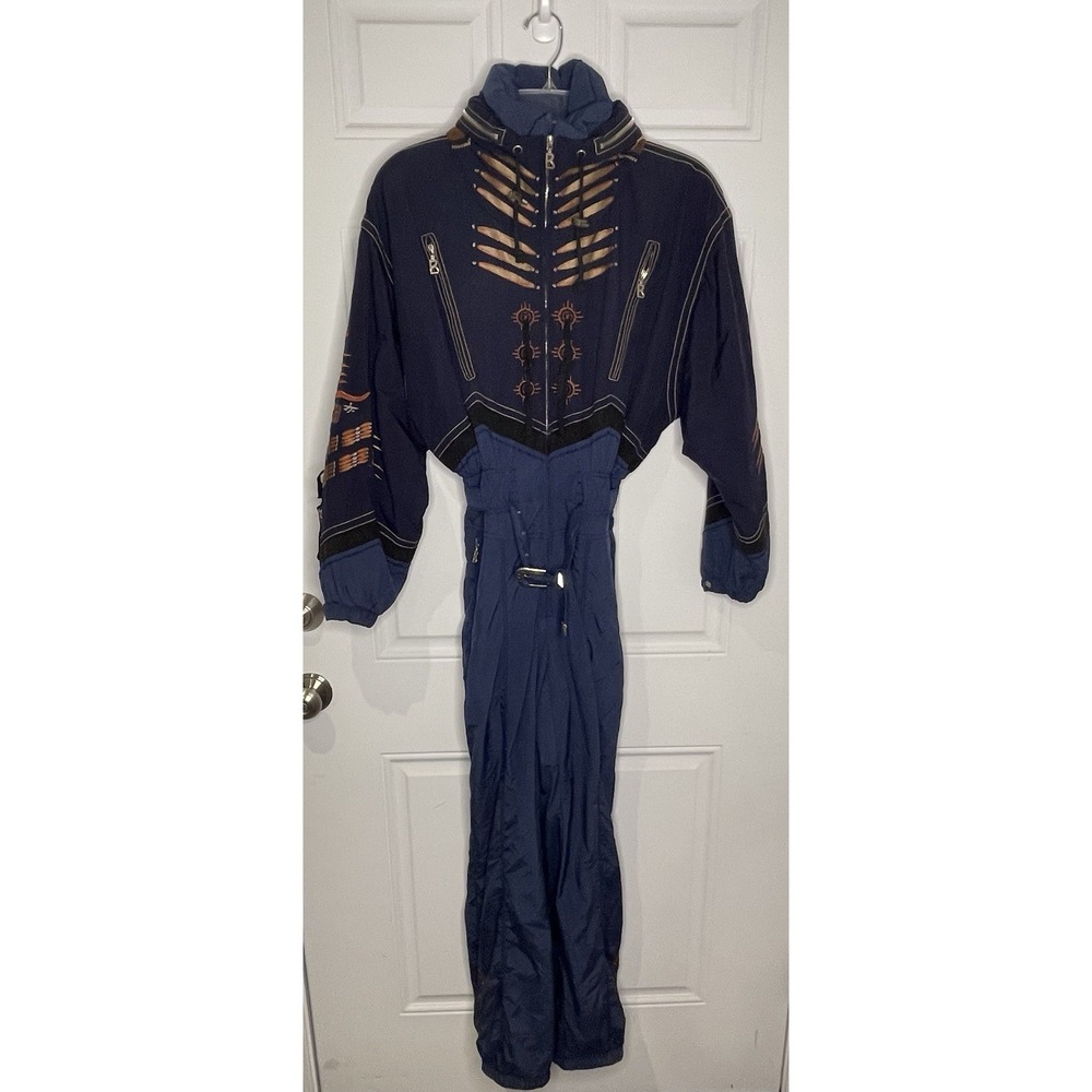 Vintage 1990s Bogner Embroidered Southwestern One-Piece Ski Suit Size 8 w/Hat